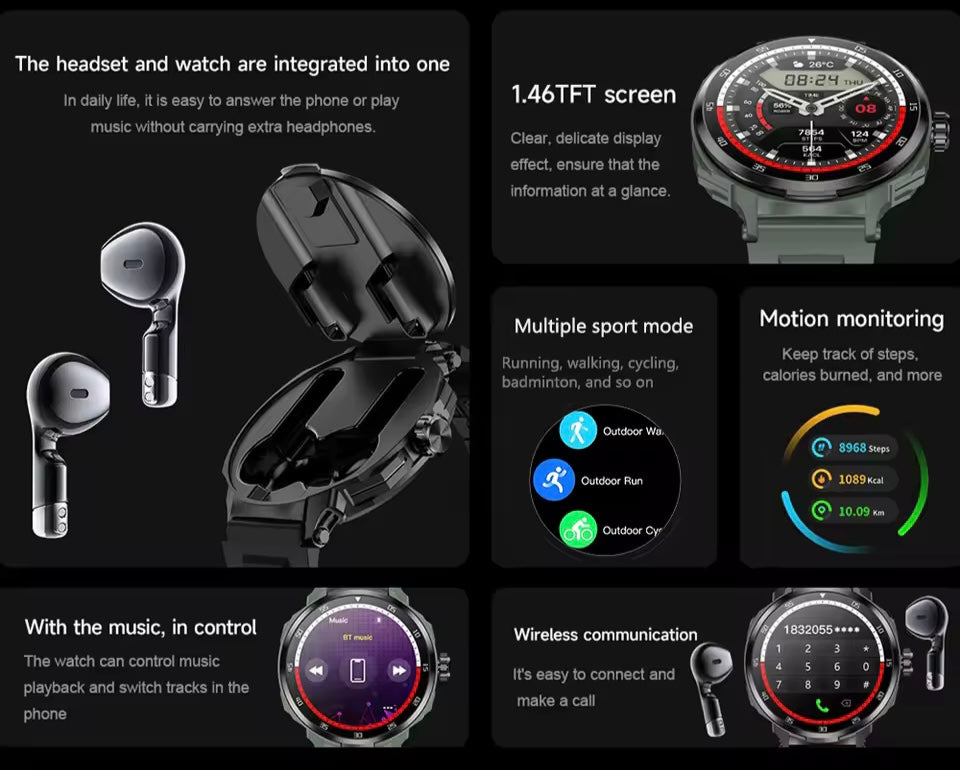 T-X 1 Smartwatch with Earphones Inside Wireless Call Sports Fitness.